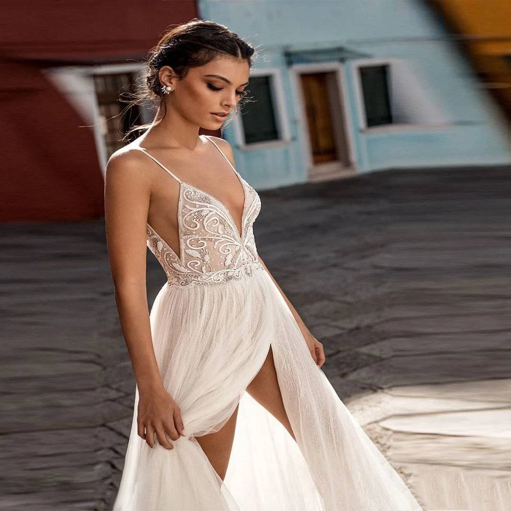 Elegant High Fork Wedding Dresses For Women Sparkling Lace Printing A-Line Bridal Gowns Engagement Party Dress The Clothing Company Sydney