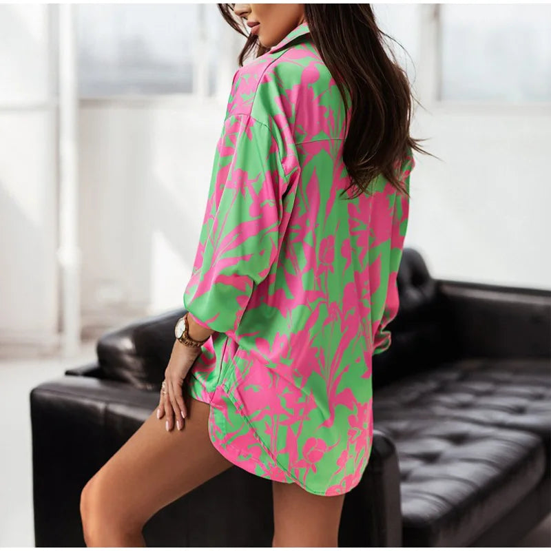 Summer Print Shorts Suits Woman Vintage Long Sleeve Shirt And Short Pants Suit Two Piece Set  Loose Casual Outfit Matching Set - The Clothing Company Sydney