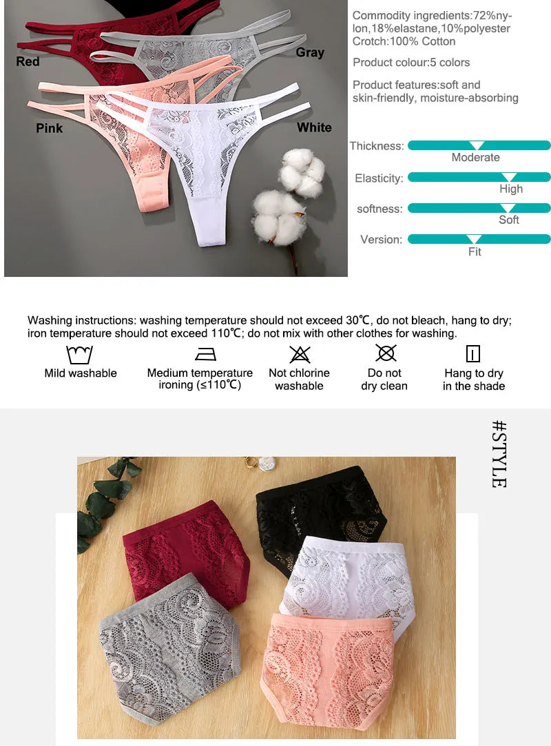 3 Pack Lace Hollow Out Thongs Women Panties Low Waist Transparent G-String Underwear Breathable Intimates Lingerie - The Clothing Company Sydney