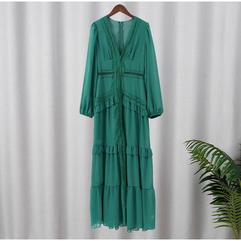 Women V-neck Lantern Long Sleeves Maxi Dress Elegant Patchwork Ruffles Hollow Lace Slim Summer Dress - The Clothing Company Sydney