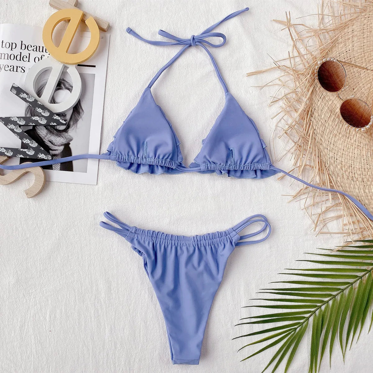 2 Piece Women's Swimsuit Pleated Ruffle Halter Double Ropes Bikinis Set Bathing Suit Swimwear The Clothing Company Sydney