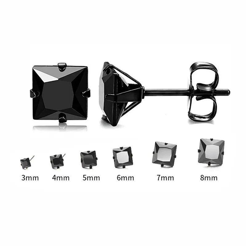 3-8mm Small Black Silver Colour Earrings Stone CZ Crystal Ear Studs Surgical Steel Cubic Unisex Accessories - The Clothing Company Sydney