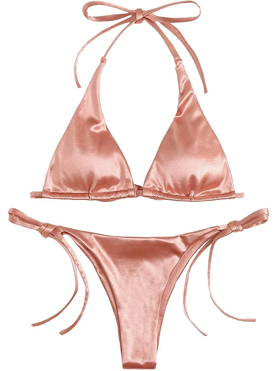 Metallic Halter Triangle Swimsuit Women Swimwear Bathing Suits Brazilian Thong Micro Bikinis Set Beach Wear - The Clothing Company Sydney