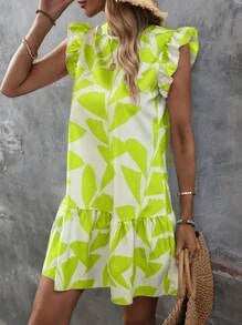 Lotus Leaf Print Ruffle Sleeve Short Dress - The Clothing Company Sydney