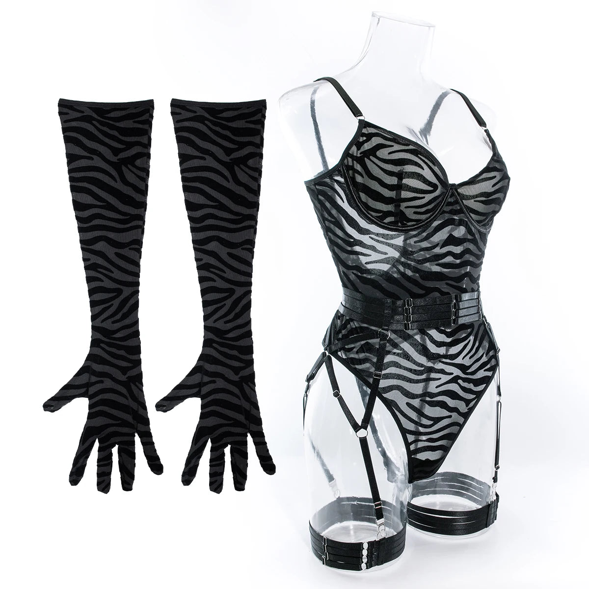 Tight Fitting Lace Bodysuit With Gloves Garter Night Club Outfit Mesh Top Lingerie Set - The Clothing Company Sydney