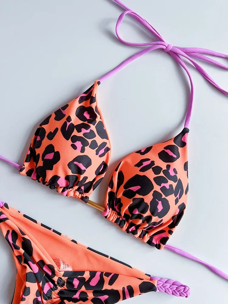 Women's Braided rope Micro Bikinis Swimsuit Leopard Print Beach Bathing Suit - The Clothing Company Sydney