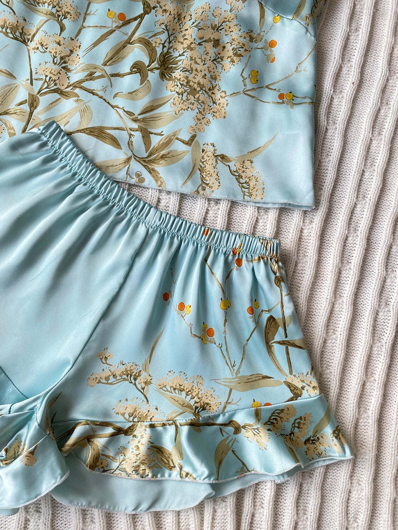 Women's Floral Cami Pyjama Set with Matching Bag – Ruffle Hem Shorts Sleepwear - The Clothing Company Sydney