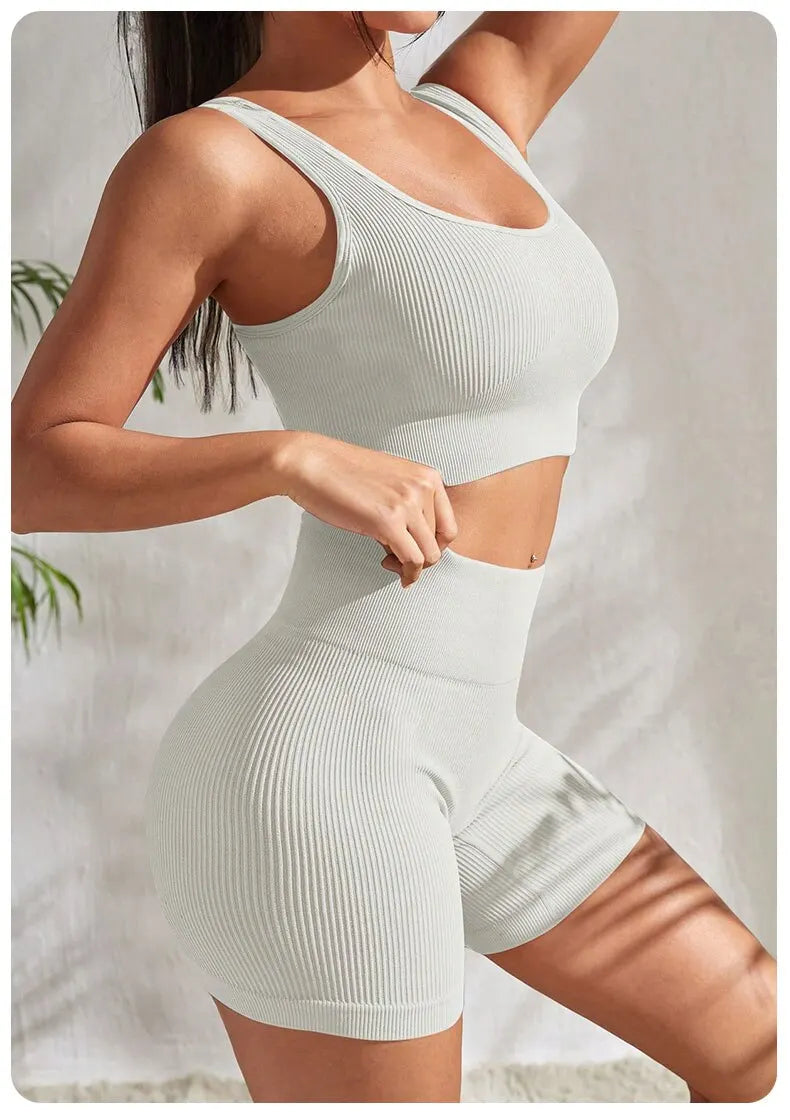 2 Piece Seamless Ribbed Yoga Sets Workout Sets Gym Suits Ribbed Crop Tank High Waist Shorts Outfits Fitness Running Matching Outfit The Clothing Company Sydney