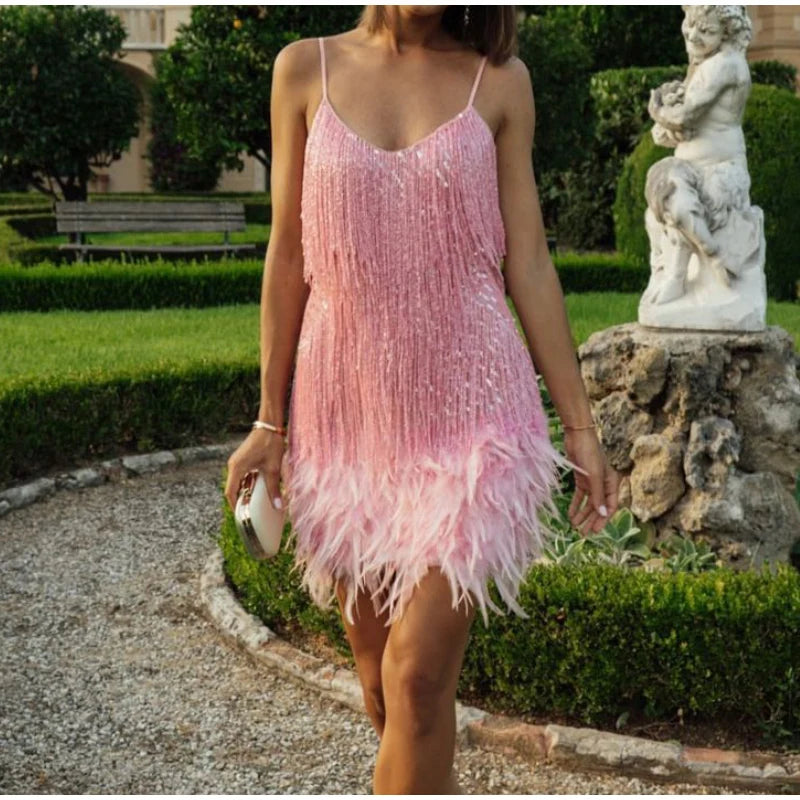 Tassel Sequins Feather Mini Dress Women's Spaghetti Strap Stitching Elegant Evening Party Club Dress - The Clothing Company Sydney