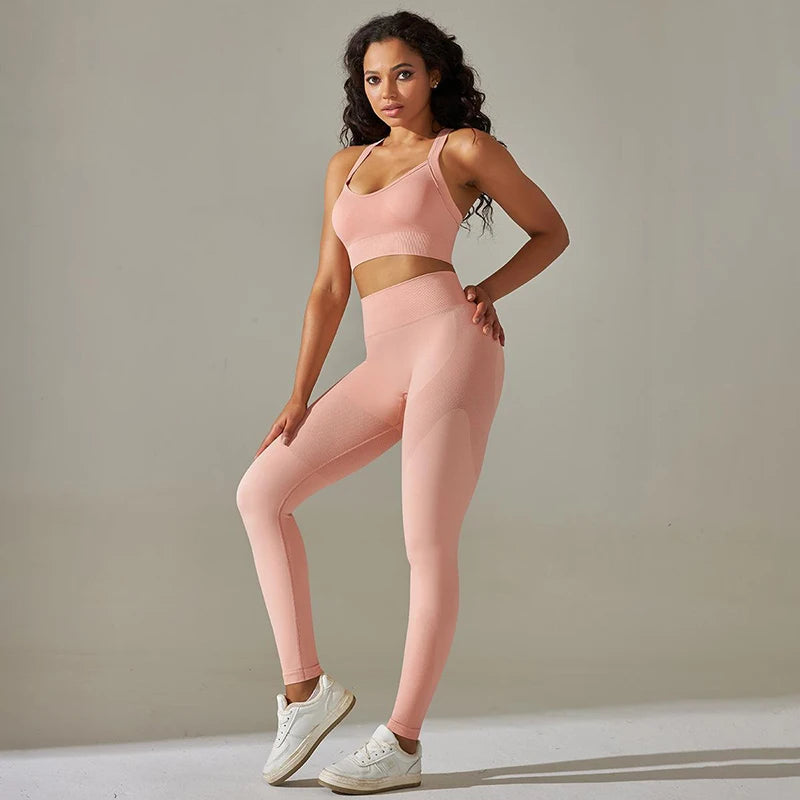 Cross Back Strap Yoga Set Women High Waist Leggings Running Workout Suits Sportswear Seamless Fitness Clothes Tracksuit Set - The Clothing Company Sydney