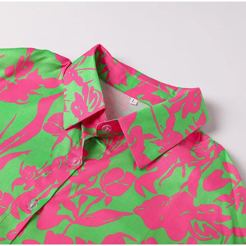 Summer Print Shorts Suits Woman Vintage Long Sleeve Shirt And Short Pants Suit Two Piece Set  Loose Casual Outfit Matching Set - The Clothing Company Sydney