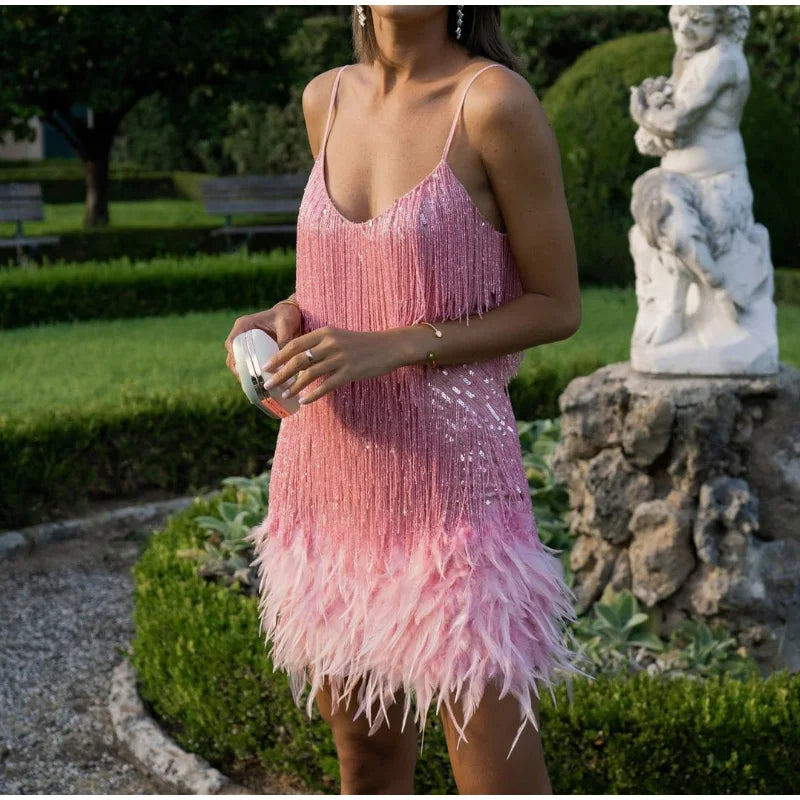 Tassel Sequins Feather Mini Dress Women's Spaghetti Strap Stitching Elegant Evening Party Club Dress - The Clothing Company Sydney
