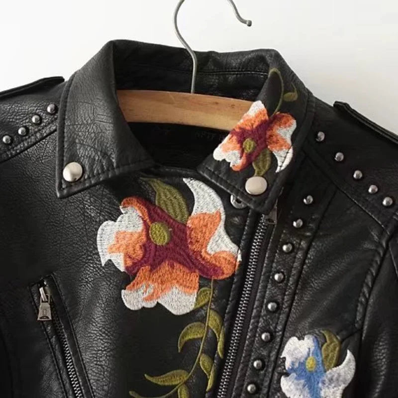 PU Leather Embroidered Rivet Coat Biker Streetwear Zipper Overcoat Women's Jackets Spring Clothes - The Clothing Company Sydney