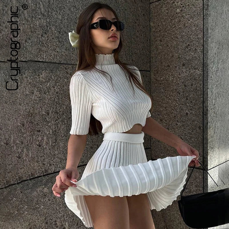 Elegant Knitted Dress Pleated Matching Outfits for Women Winter Mini Skirts 2 Piece Sets - The Clothing Company Sydney