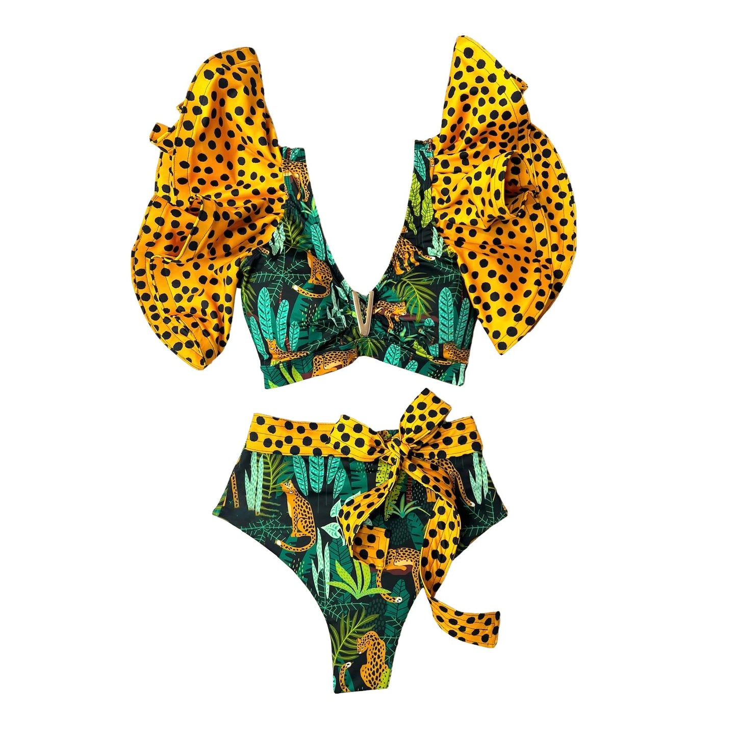 V-Neck High Waist Bikini Sets Shoulder Ruffled Printed Swimsuit Two Piece Swimwear Bathing Suits The Clothing Company Sydney