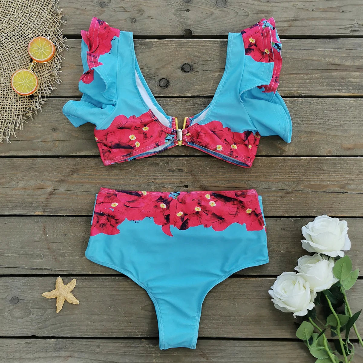 V-Neck High Waist Bikini Sets Shoulder Ruffled Printed Swimsuit Two Piece Swimwear Bathing Suits The Clothing Company Sydney