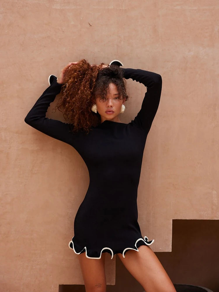 Autumn Knitted Mini Contrast Color Slim Sweater Dress Elegant Party Long Sleeve Dress - The Clothing Company Sydney