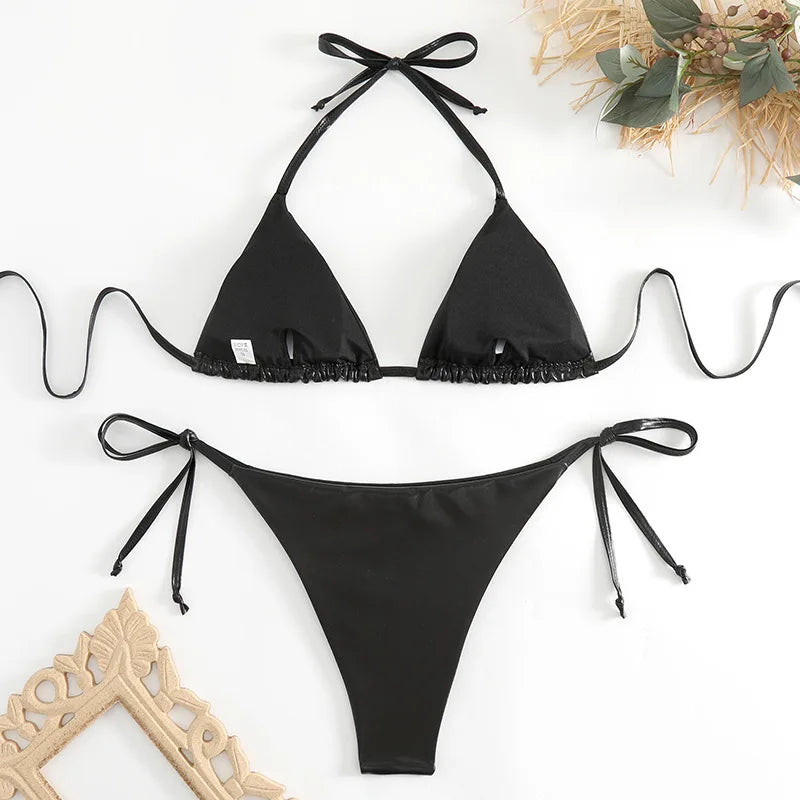 2 Piece Shiny Triangle Micro Thong Bikinis Sets Swimsuit Mini Swimwear Bathing Swiming Suits - The Clothing Company Sydney