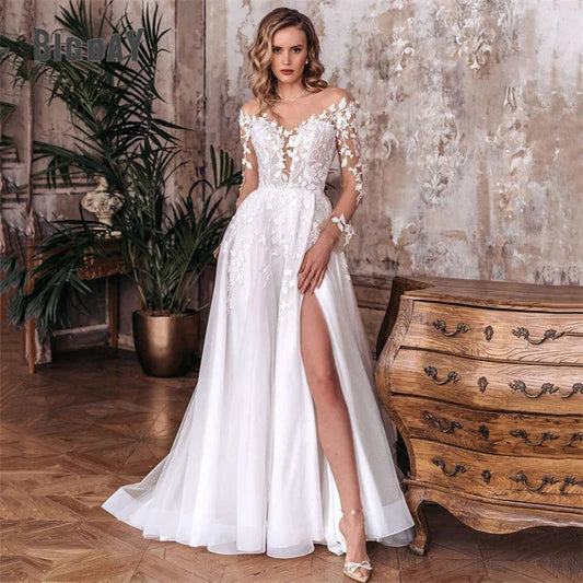 Elegant A-Line Customised Wedding Dress Women Open Back V-Neck Lace Long Sleeve Side Split Tulle Bridal Gow The Clothing Company Sydney
