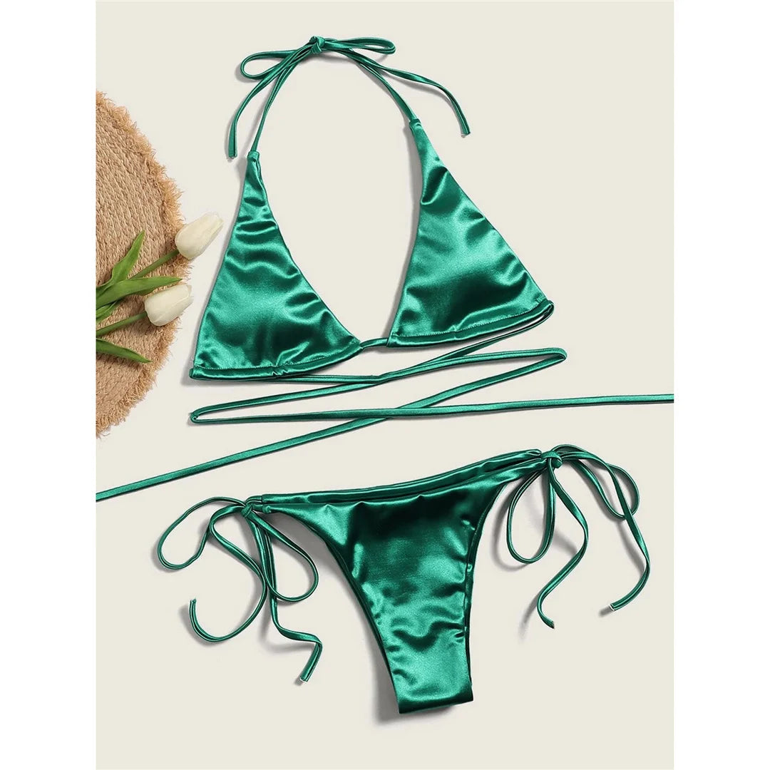 Halter Satin Brazilian Bikini Women Swimwear Female Swimsuit Two-piece Bikini set Bather Bathing Suit The Clothing Company Sydney