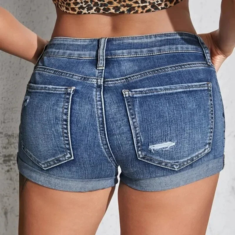Women's Split Denim Shorts Summer Mid Waist Curled Cuff Elastic Slim Fit Casual Shorts The Clothing Company Sydney