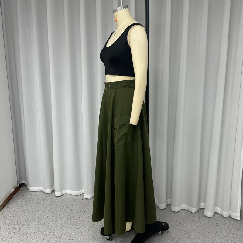 2 Piece Women's Solid Round Neck Sleeveless High Waist Vest Slim Top Loose With Pockets Zipper Long Skirt Matching Outfit Sets - The Clothing Company Sydney