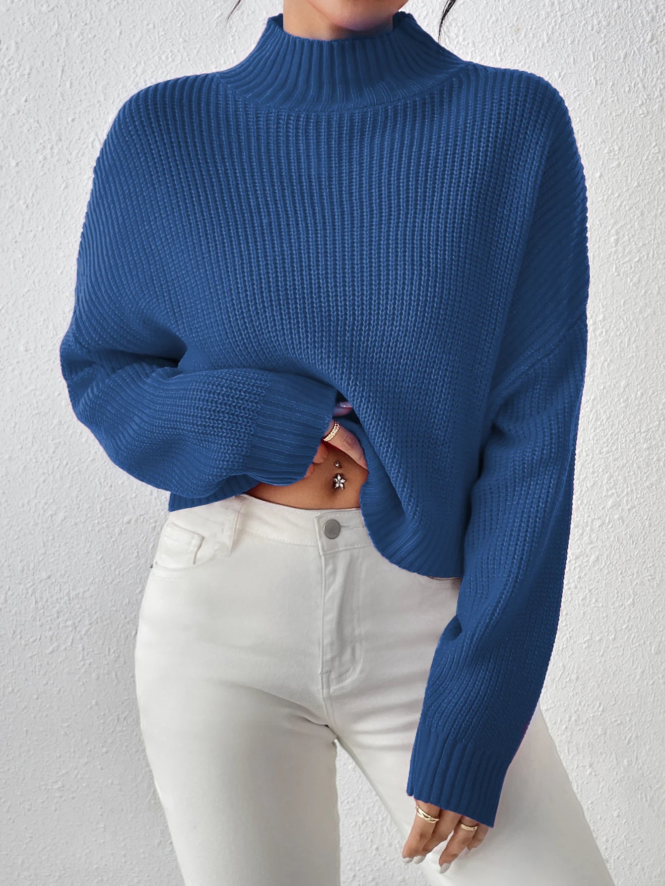 Women's Ribbed Knitted Sweater Mock Neck Long Sleeve Pullover High Neck Drop Shoulder Jumper - The Clothing Company Sydney