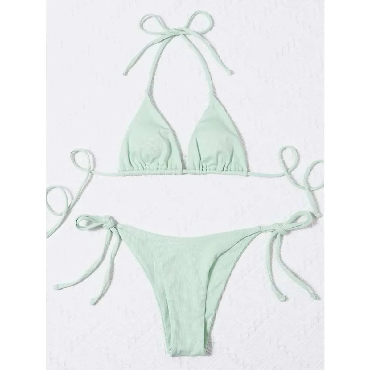 2 Piece Bathing Suit Ribbed Backless Pads Women Bikini Set Halter Triangle Bra Side Tie Thong Swimwear Set - The Clothing Company Sydney