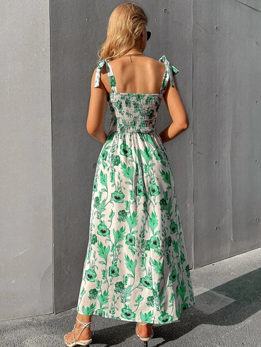 Floral Long Dress Women's Backless Sleeveless Bandage Beach Sundress Casual Green Summer Ladies Dresses - The Clothing Company Sydney
