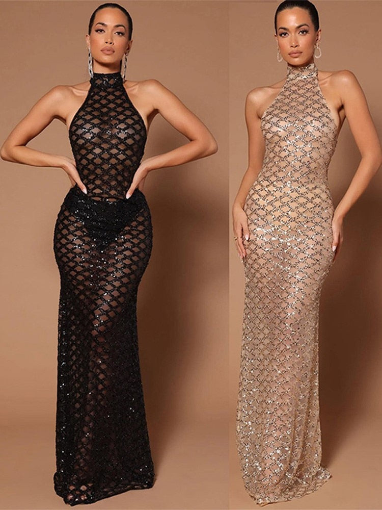 Backless Halter Dress Diamond Sleeveless Solid Long Robe Ladies Fashion Gauze Perspective Evening Party Dresses The Clothing Company Sydney