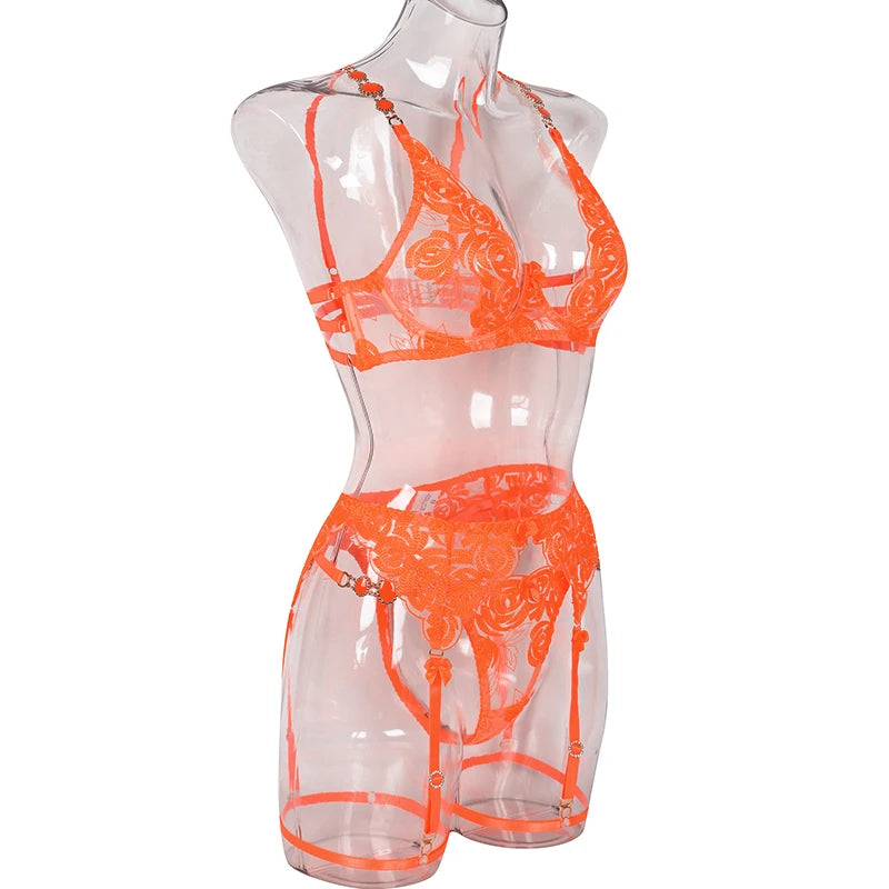 3 Piece Lingerie Luxury Jewel Shoulder Strap Underwear Garter Lace IntimateLingerie Set - The Clothing Company Sydney