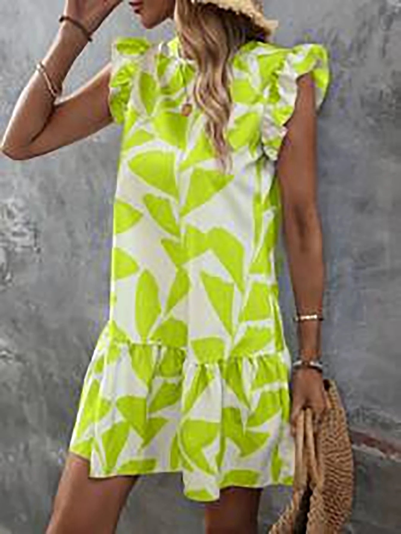 Lotus Leaf Print Ruffle Sleeve Short Dress - The Clothing Company Sydney