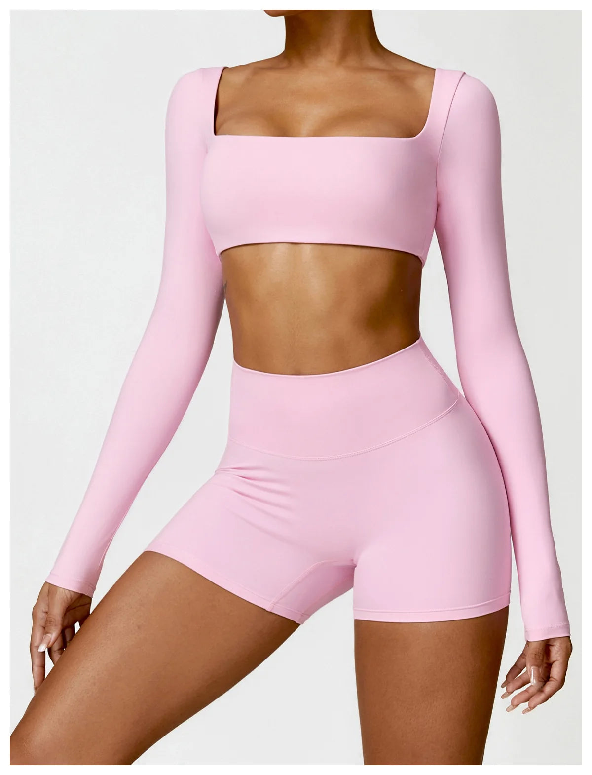2 Piece Long Sleeve Gym Set Women Yoga Clothes Quick-Drying Sportswear Running Leggings Workout Sports Crop Top Shorts - The Clothing Company Sydney