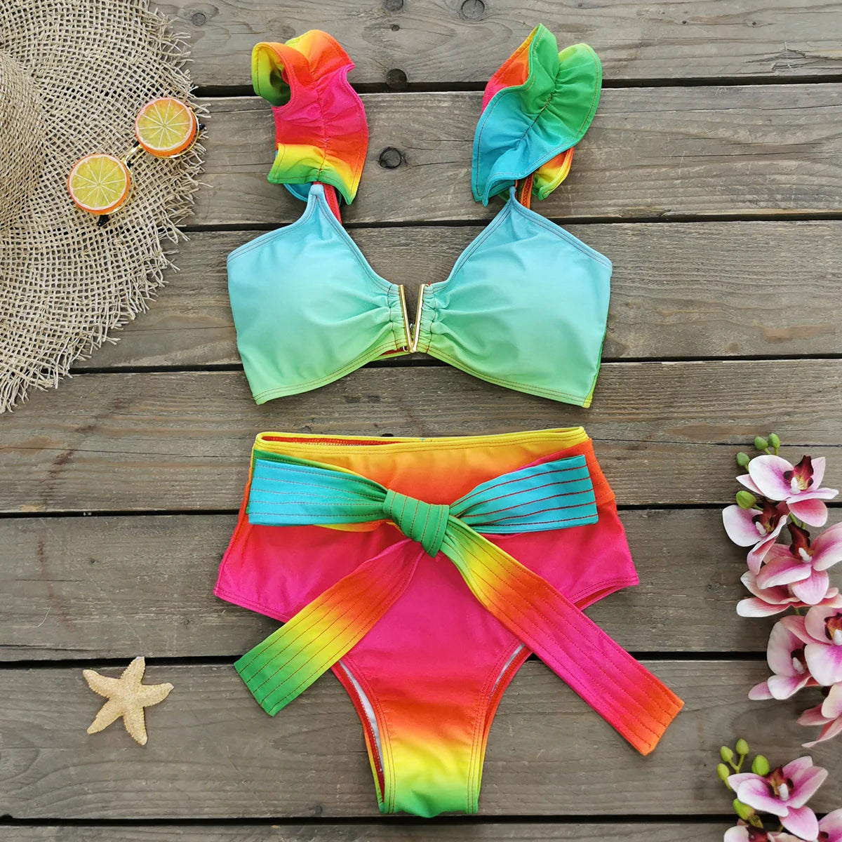 V-Neck High Waist Bikini Sets Shoulder Ruffled Printed Swimsuit Two Piece Swimwear Bathing Suits The Clothing Company Sydney
