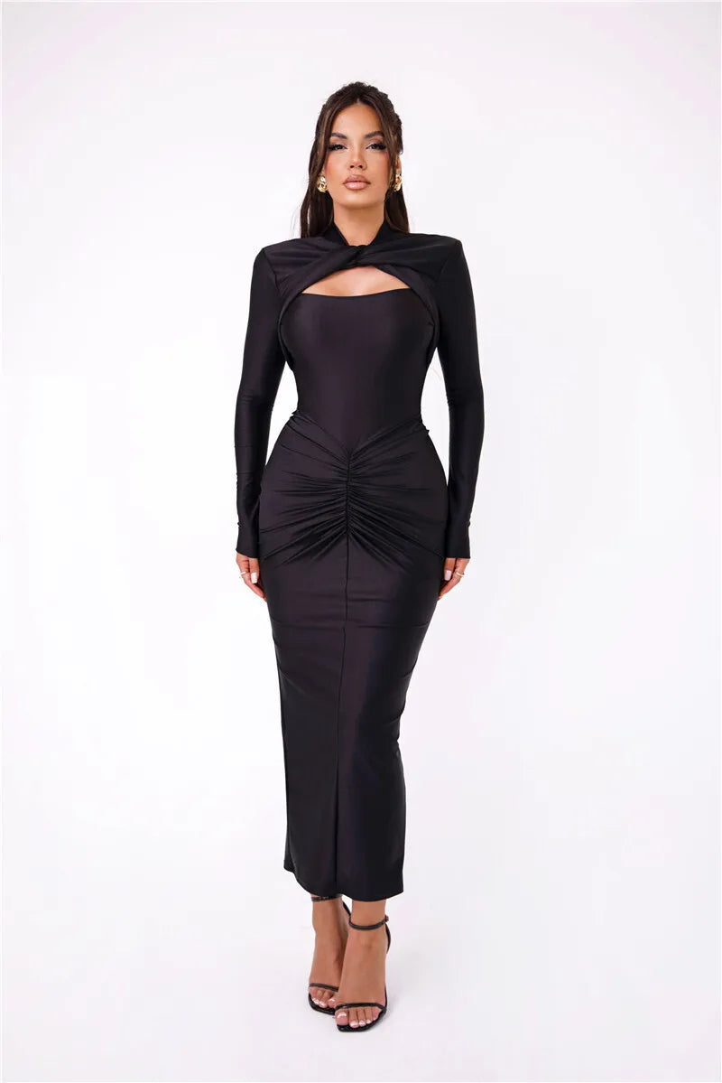 Hollow Out Long Sleeve Maxi Dress Gown Autumn Winter New Metal Buckle Ruched Slit Long Elegant Dress - The Clothing Company Sydney