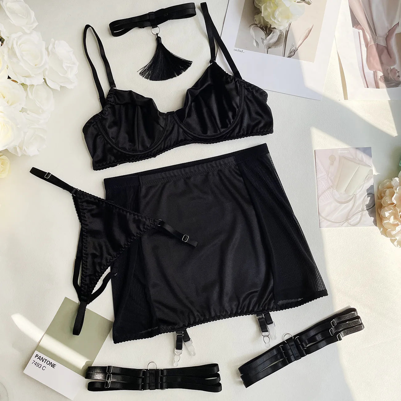 5 Piece Satin Lingerie Underwear Lace Seamless Intimate Skirt Bra And Briefs Outfit Set - The Clothing Company Sydney