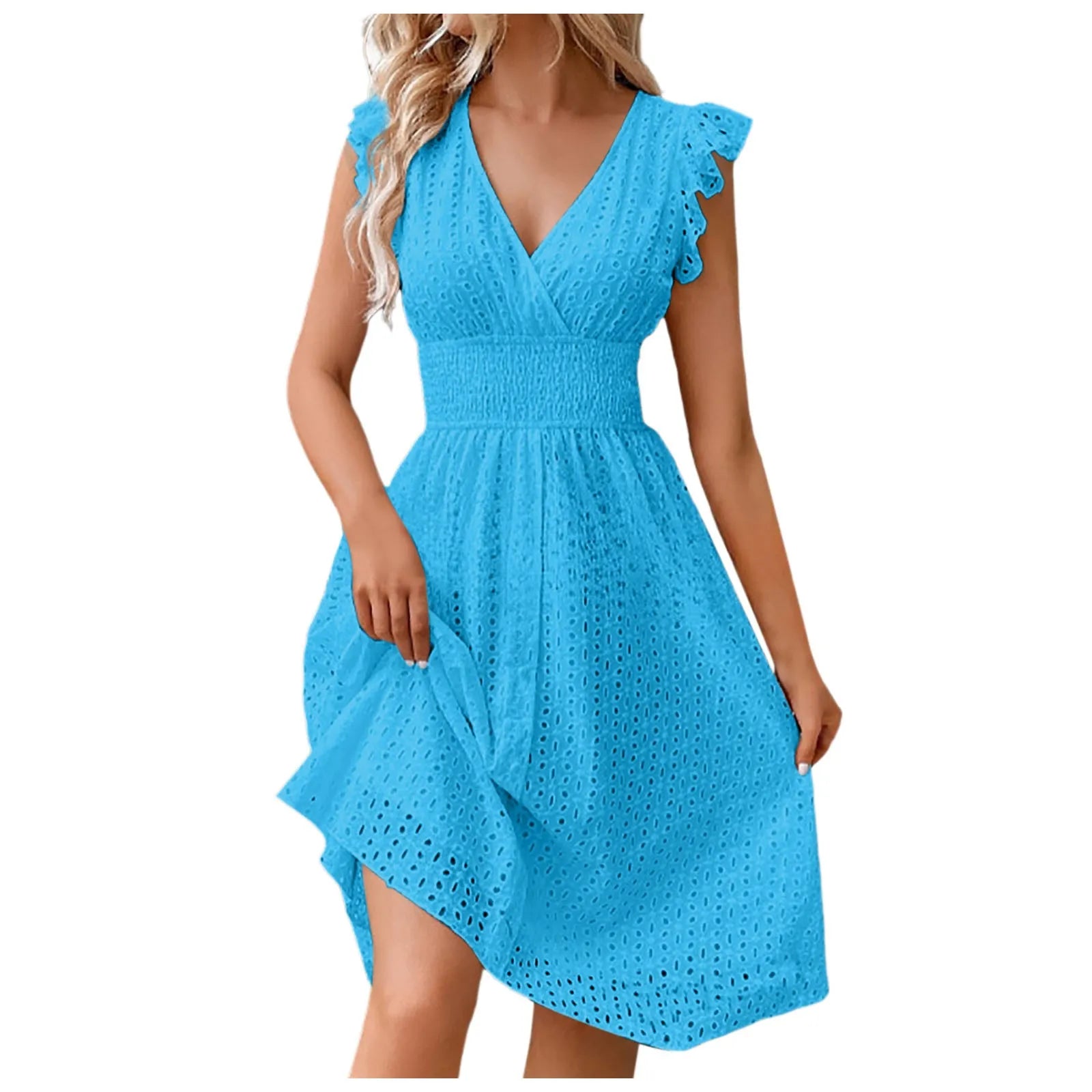 Summer Women's Vacation Short Dress V Neck Flare Sleeve Hollow Lace Waist Casual Beach Holiday Dresses - The Clothing Company Sydney