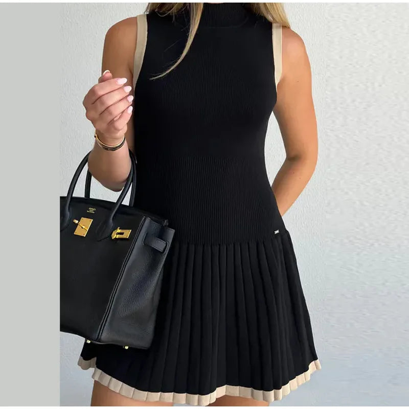 Women's Knitted O-neck Mini Dress Elegant Sleeveless High Waist Pleated Dresses - The Clothing Company Sydney