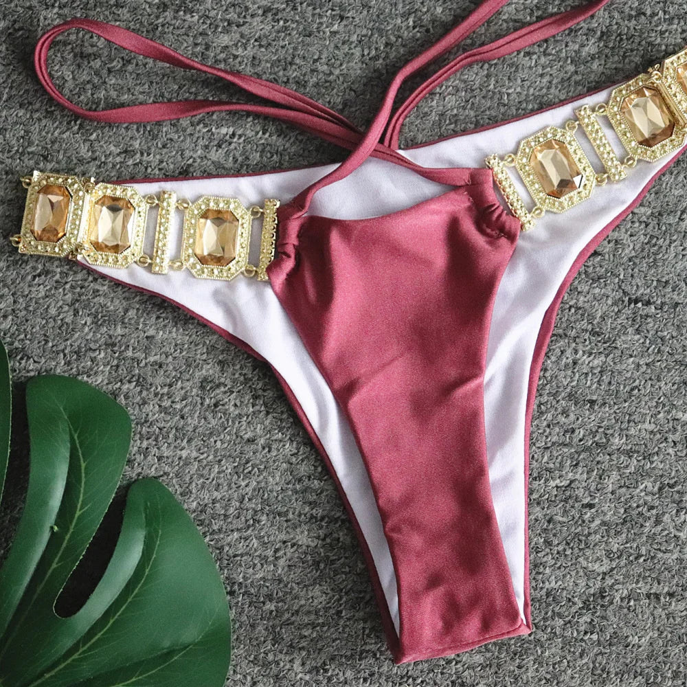 Rhinestone Two 2 Piece Swimsuit Crystal Thong String Bikini Set Women Swimwear Beach Wear Bathing Suit - The Clothing Company Sydney