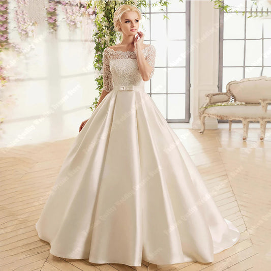 Round Neck Bride Dresses Classic Bright Satin Wedding Gowns New Graceful A-Line Customized Wedding Dress The Clothing Company Sydney
