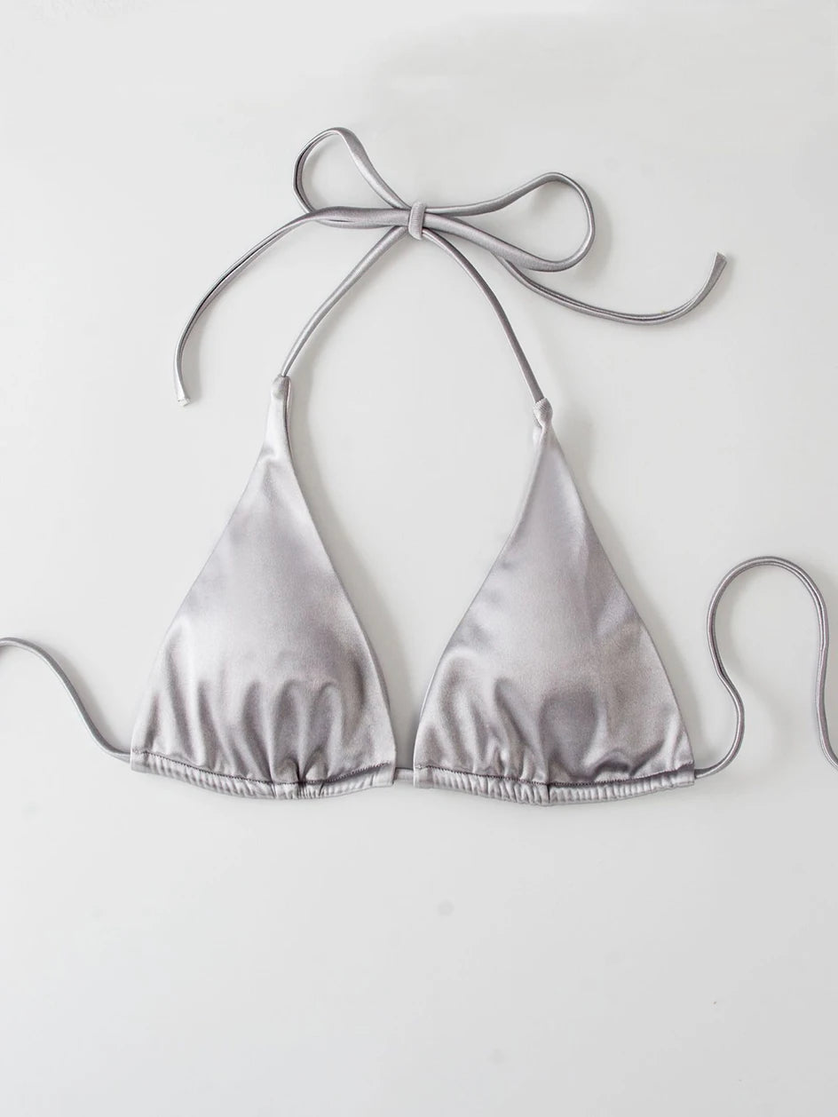 Metallic Halter Triangle Swimsuit Women Swimwear Bathing Suits Brazilian Thong Micro Bikinis Set Beach Wear