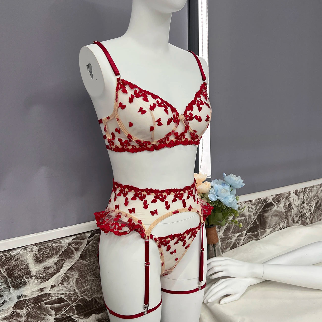 4 Piece Lingerie Sheer Lace Embroidery Underwear Ruffle Intimate Outfits Lingerie Set - The Clothing Company Sydney