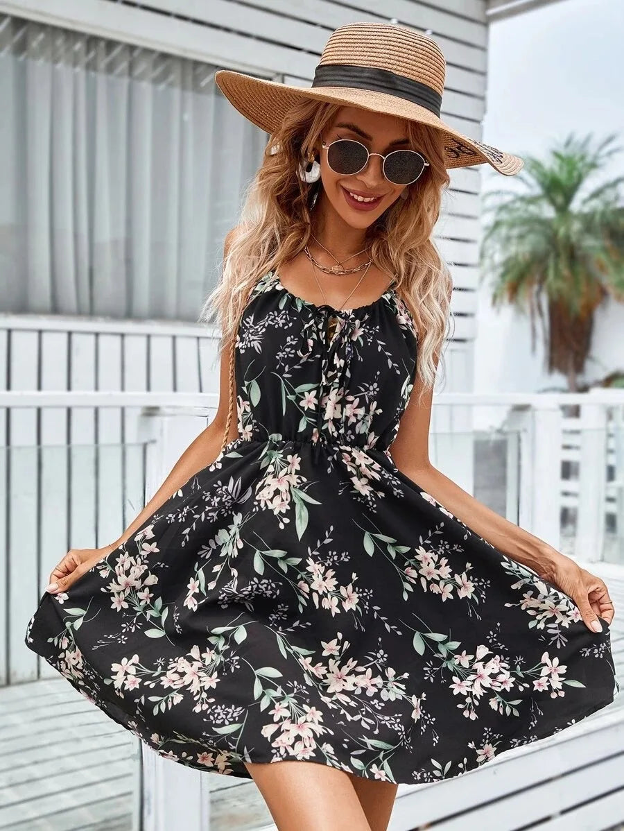 Floral Print Short Dress Women Summer Backless Beach Sundress Casual Sleeveless Lace-up Dresses - The Clothing Company Sydney