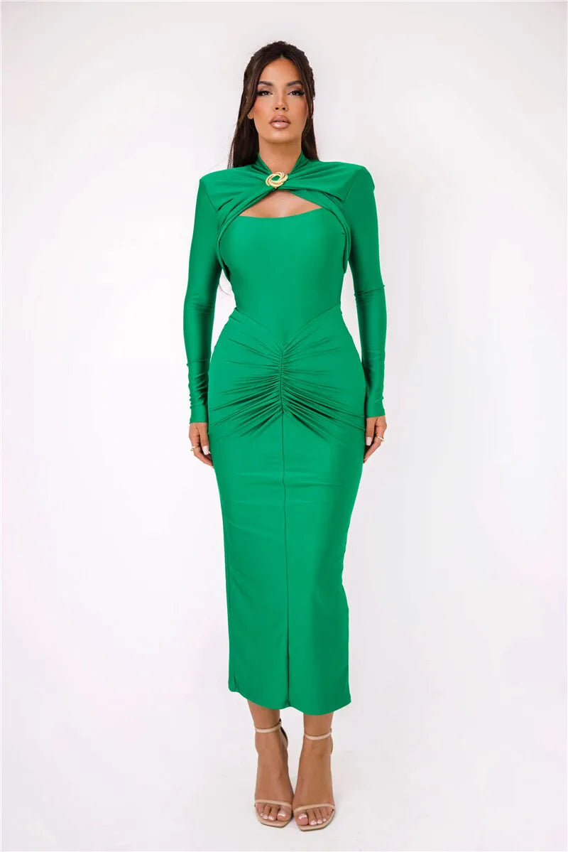 Hollow Out Long Sleeve Maxi Dress Gown Autumn Winter New Metal Buckle Ruched Slit Long Elegant Dress - The Clothing Company Sydney