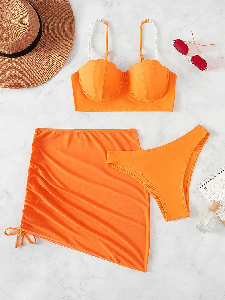 3 Piece Women's Swimsuit Off Shoulder Suspender Pure Cotton Fashion Backless Beach Split Swimwear - The Clothing Company Sydney