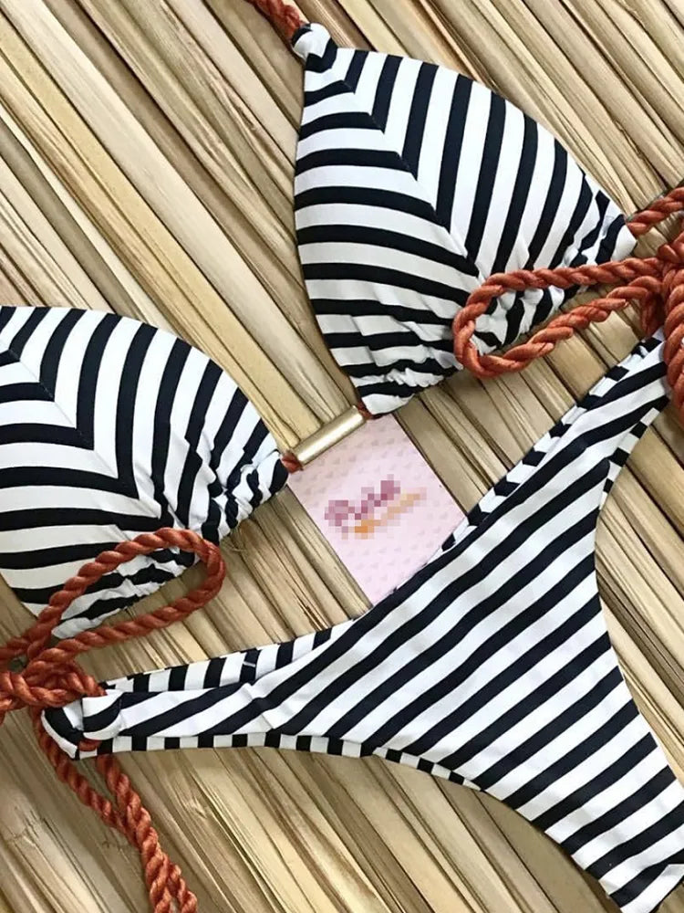 2 Piece Striped Bikini Set Knotted Swimsuit Women Biquinis Beach SThong Swimwear Bandage Brazilian Mirco Bikini Set The Clothing Company Sydney