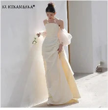 Luxury White Satin Trailing Wedding Dresses Women Elegant Strapless Long Prom Party Bridal Dress - The Clothing Company Sydney