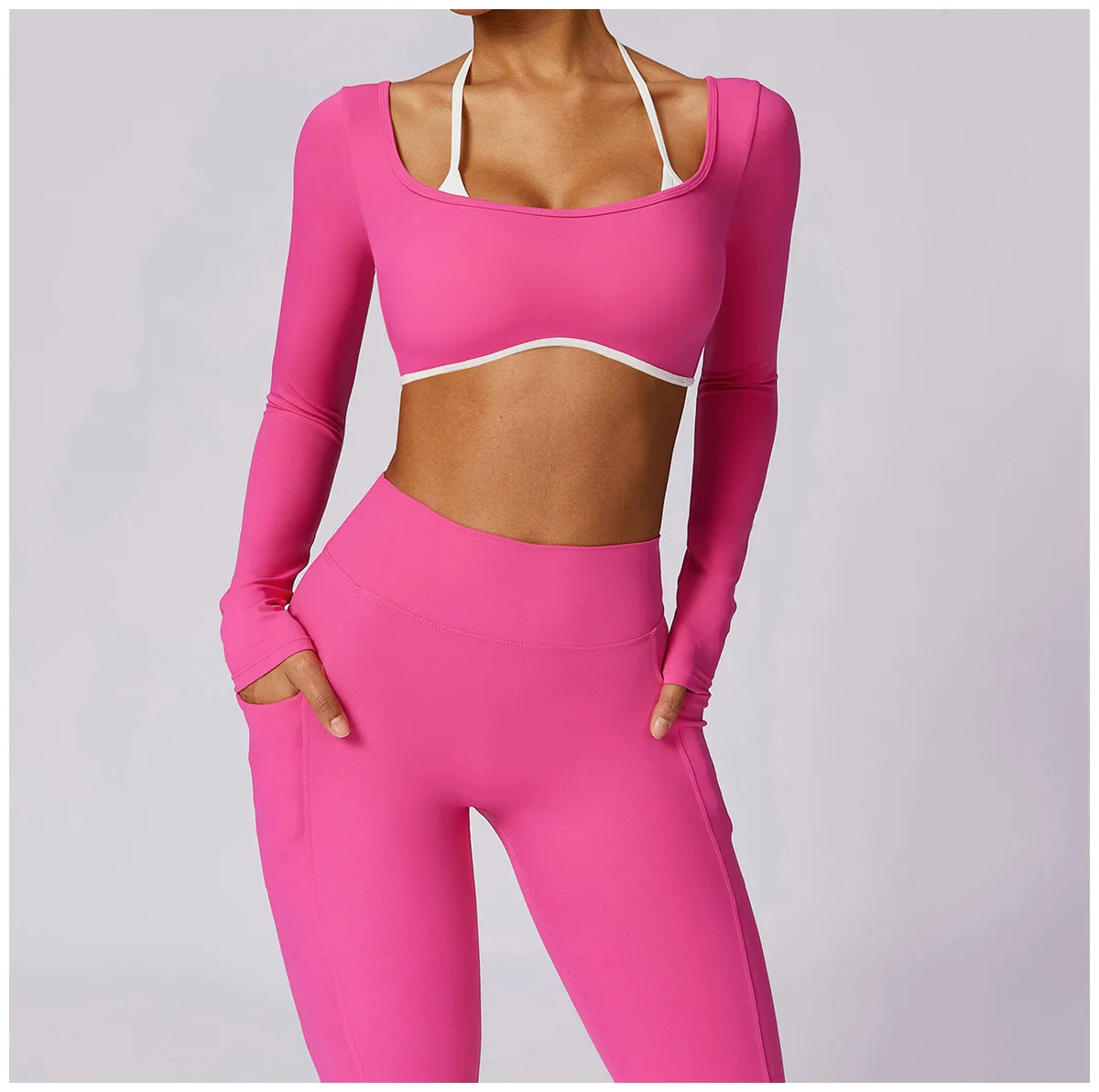 2 Piece Womens Tracksuit Yoga Set Workout Sportswear Gym Clothing Fitness Long Sleeve Crop Top High Waist Leggings Sports Suits - The Clothing Company Sydney