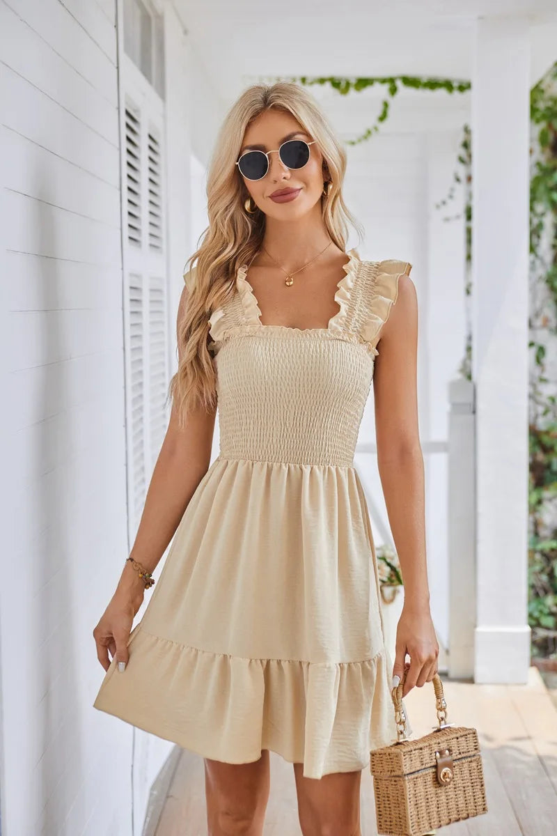 Womens Summer Casual Boho Sleeveless Backless Square Neck Smocked Ruffle Mini Dress A-Line Swing Sundress - The Clothing Company Sydney