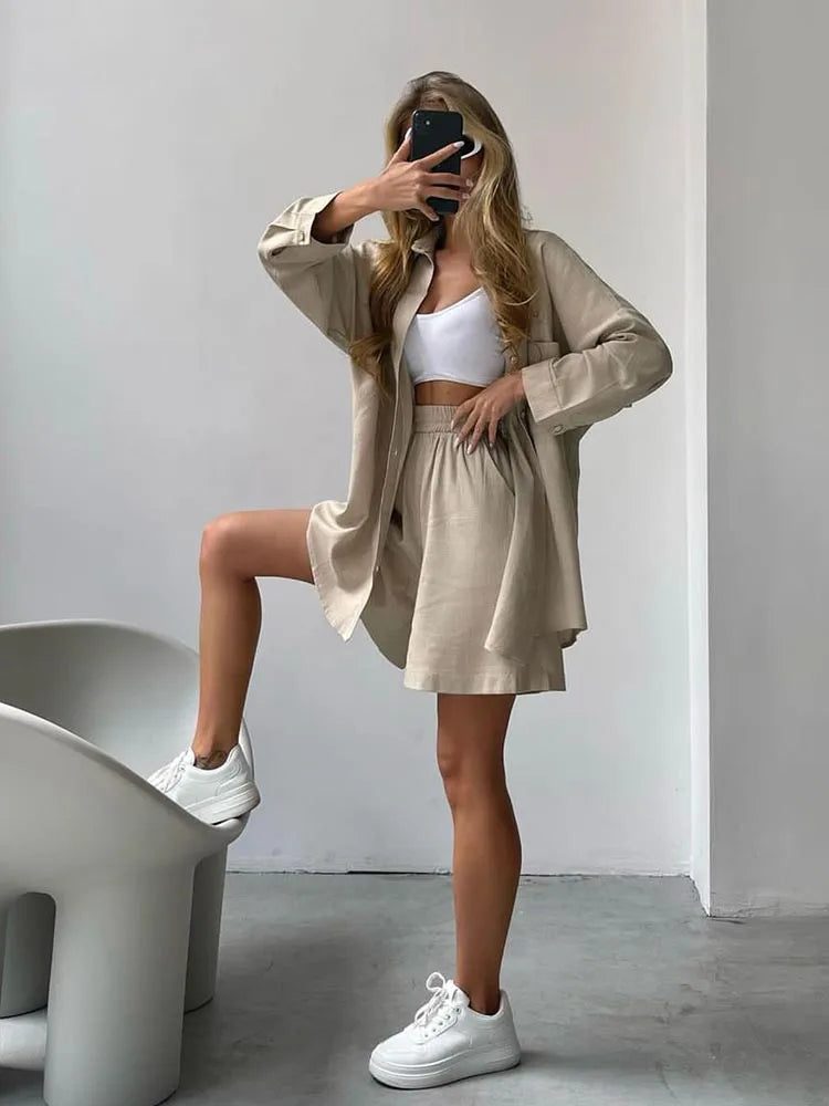 Summer Women's Suit Cotton Casual Shorts and Shirts 2 Piece Matching Outfit Set Linen Fashion Blouse Women's Suit - The Clothing Company Sydney